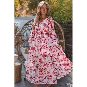 LAST ONE! Plus Size Pink Floral Maxi Dress With Long Sleeves